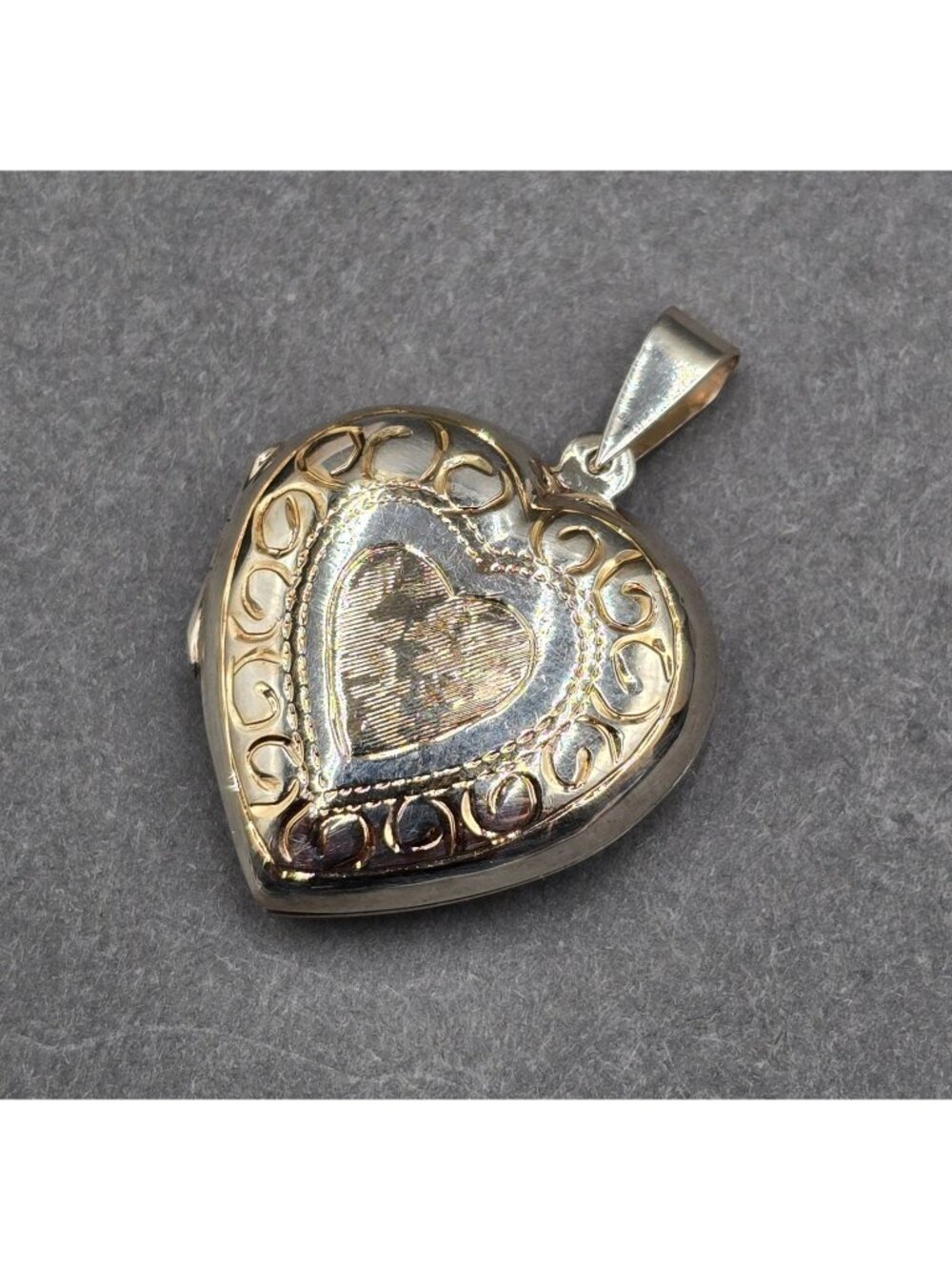 Vintage Sterling Silver Heart Locket Two Tone Gold Engraved Love Pendant YMA